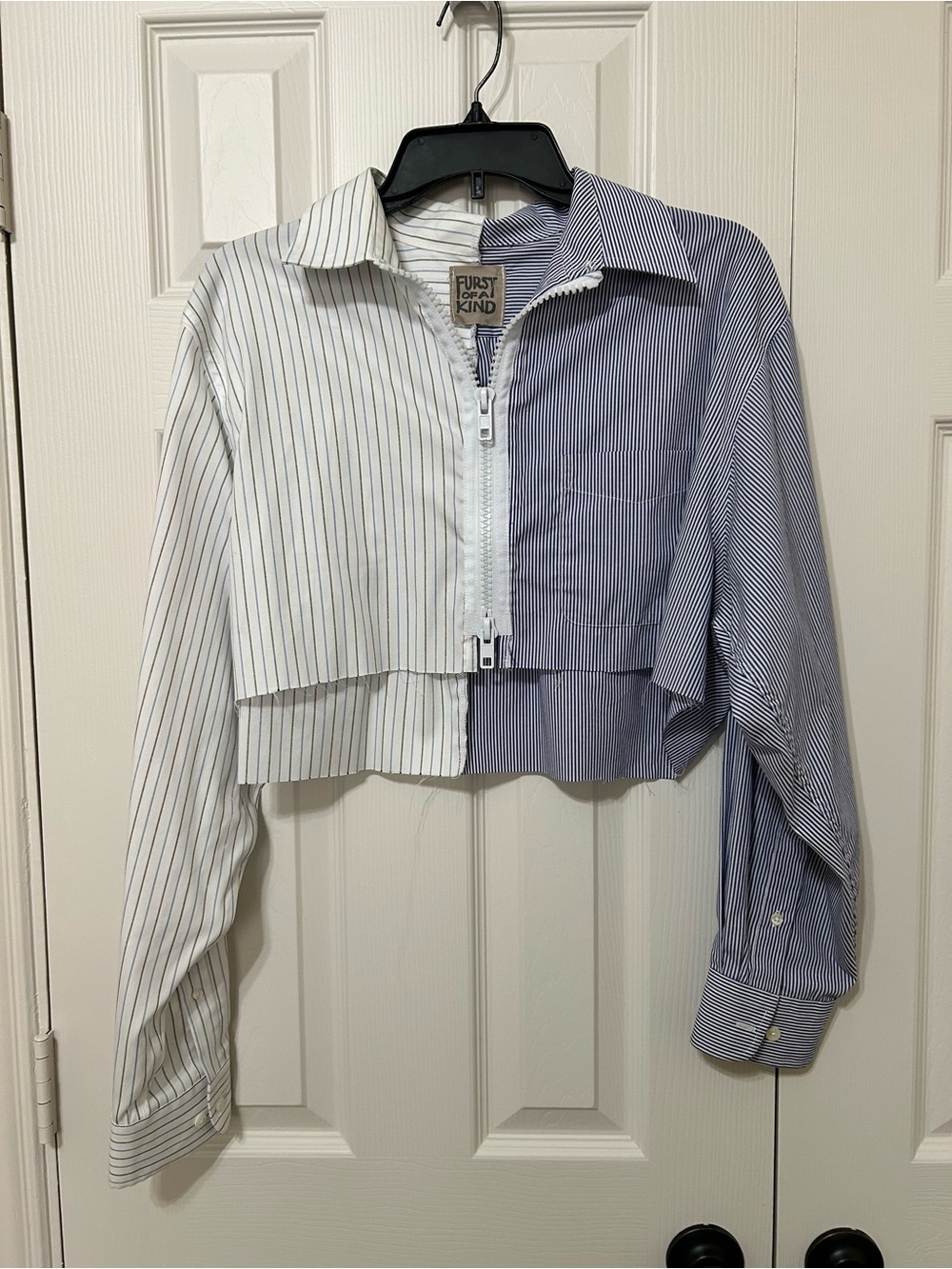 Furst of a Kind Vintage Fabric Two-Tone Striped Cropped Zip Shirt - White & Blue